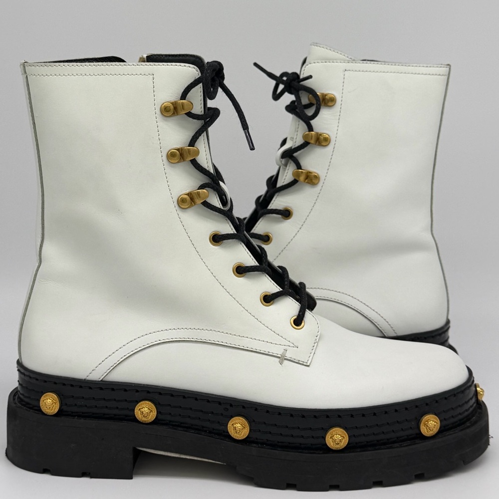 Versace white leather medusa insignia combat boots AUTHENTIC.
